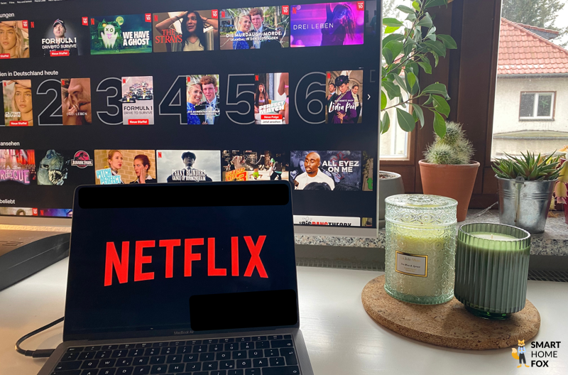 Netflix auf Bildschirm geöffnet und davor Laptop mit Netflix Logo